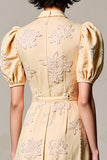 Lapel Apricot Printed Puff Sleeve Wedding Guest Dress With Belt