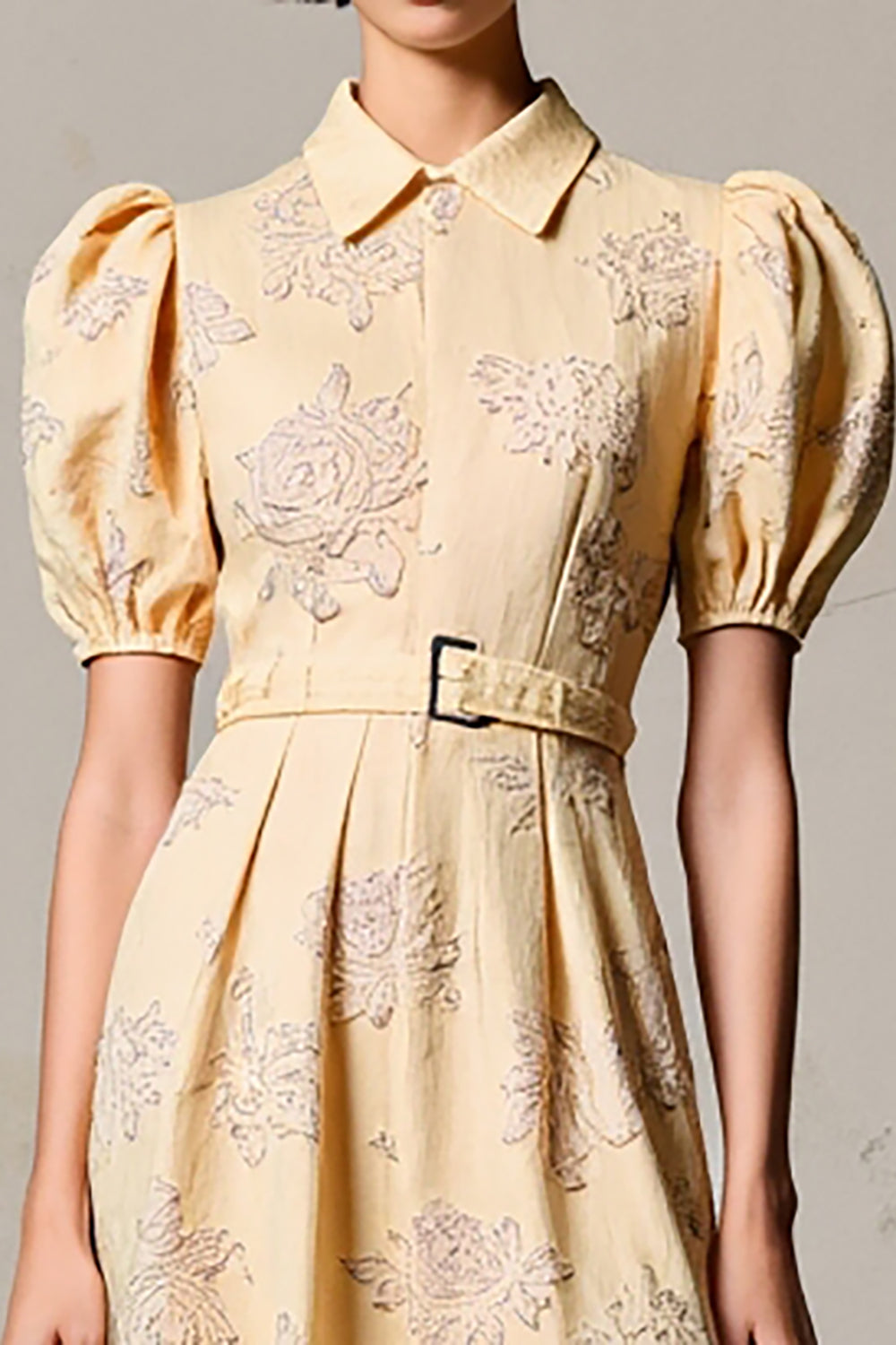 Lapel Apricot Printed Puff Sleeve Wedding Guest Dress With Belt
