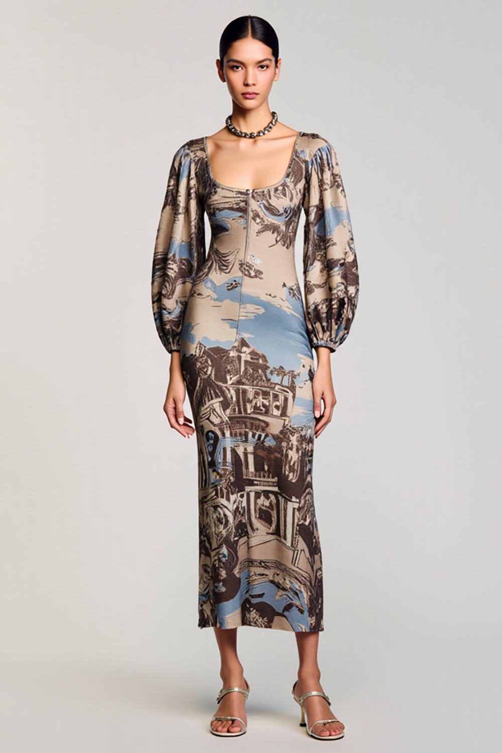 Long Sleeve Printed Square Neck Coffee Wedding Guest Dress