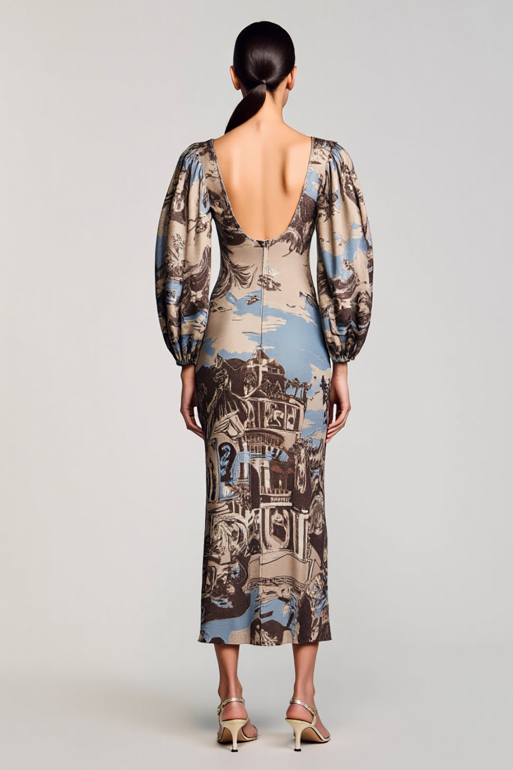 Long Sleeve Printed Square Neck Coffee Wedding Guest Dress