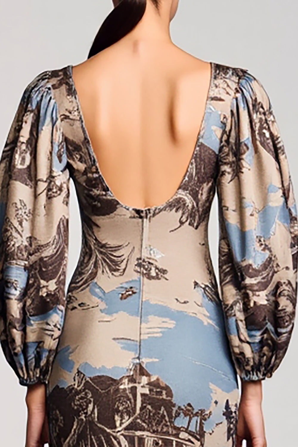 Long Sleeve Printed Square Neck Coffee Wedding Guest Dress