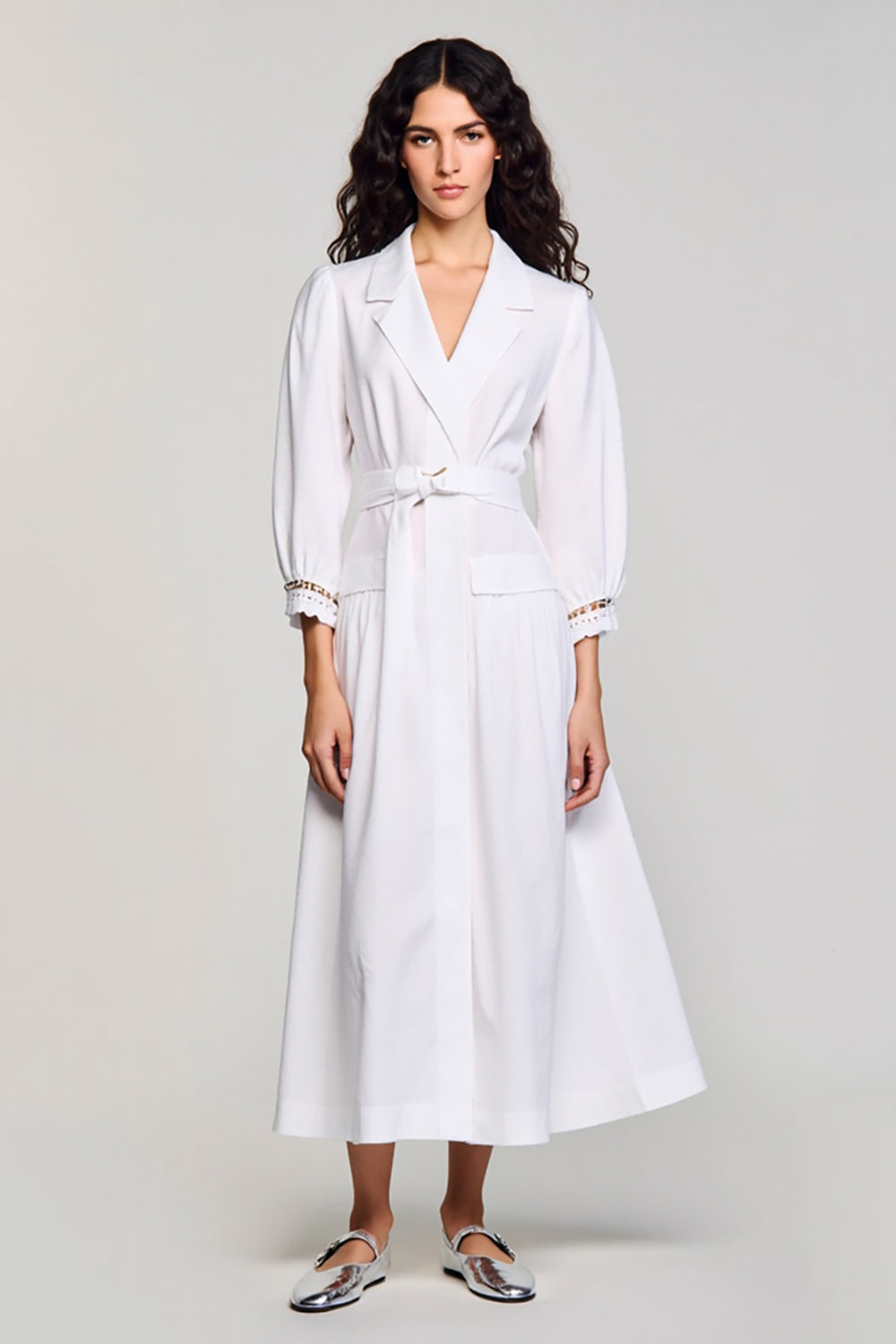 Notched Lapel A Line Long White Wedding Guest Dress With Sash