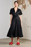 A Line V Neck Midi Black Wedding Guest Dress With Sash