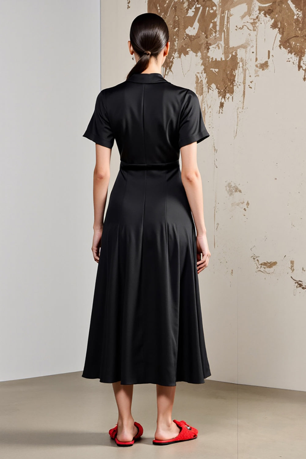 A Line V Neck Midi Black Wedding Guest Dress With Sash