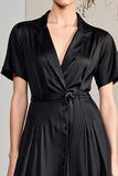 A Line V Neck Midi Black Wedding Guest Dress With Sash