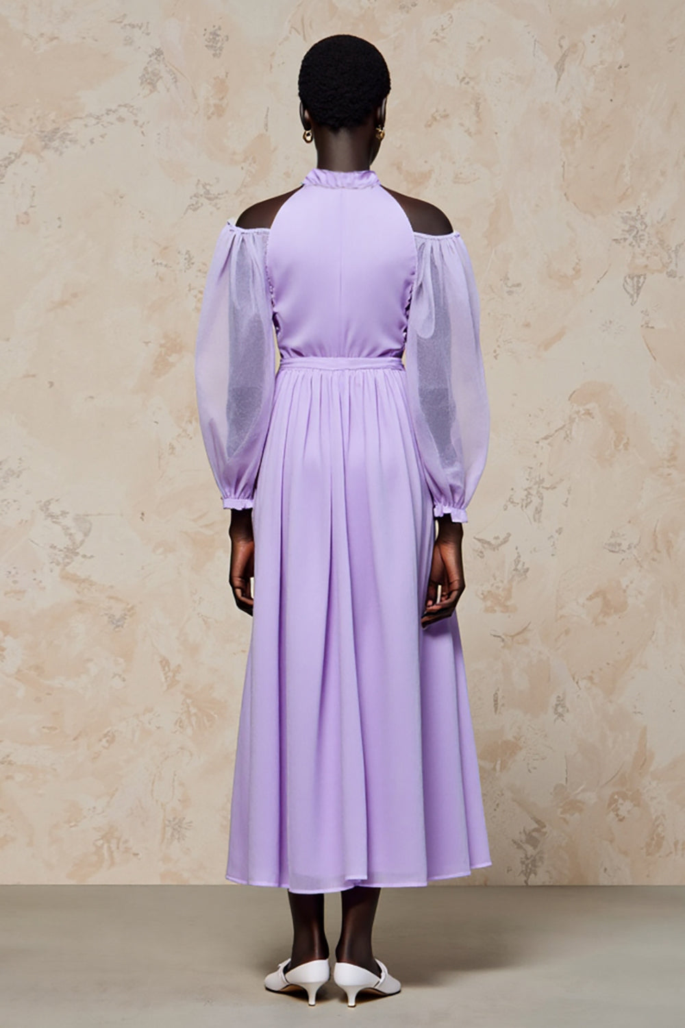 Cold Shoulder Purple A Line Long Wedding Guest Dress