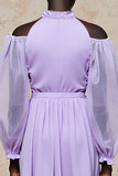 Cold Shoulder Purple A Line Long Wedding Guest Dress