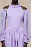 Cold Shoulder Purple A Line Long Wedding Guest Dress