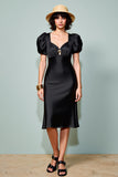 Black Puff Sleeve A Line Midi Wedding Guest Dress