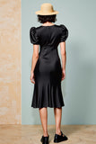 Black Puff Sleeve A Line Midi Wedding Guest Dress