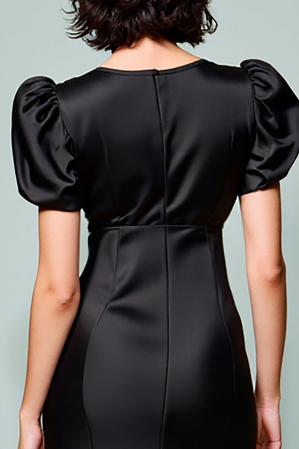 Black Puff Sleeve A Line Midi Wedding Guest Dress