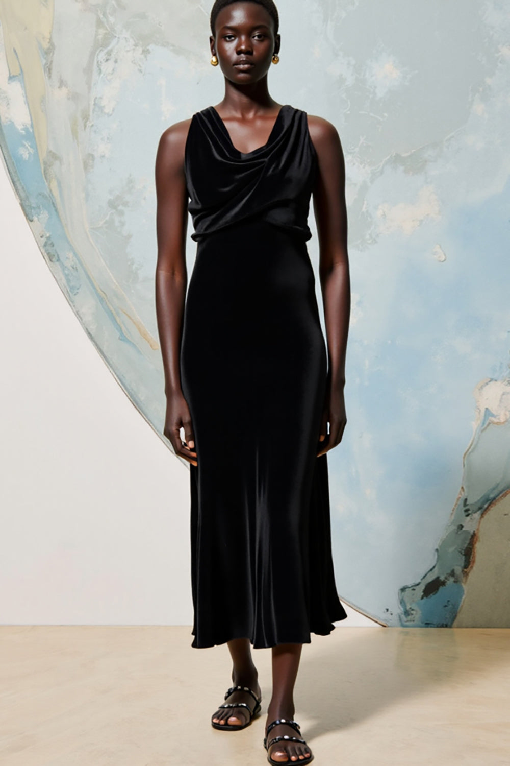 Cowl Neck Black A Line Midi Wedding Guest Dress