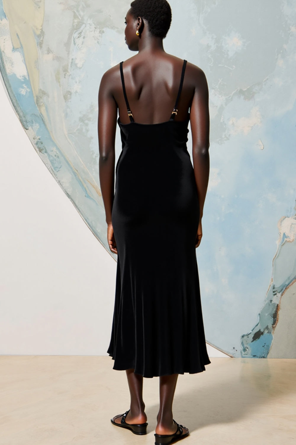 Cowl Neck Black A Line Midi Wedding Guest Dress