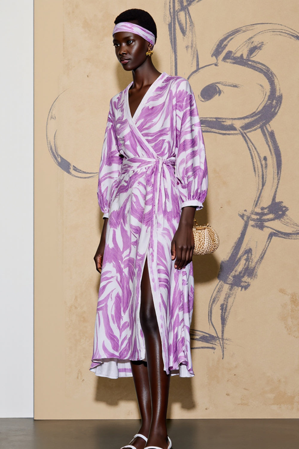 Long Sleeve Printed V Neck Purple Wedding Guest Dress With Sash