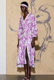 Long Sleeve Printed V Neck Purple Wedding Guest Dress With Sash
