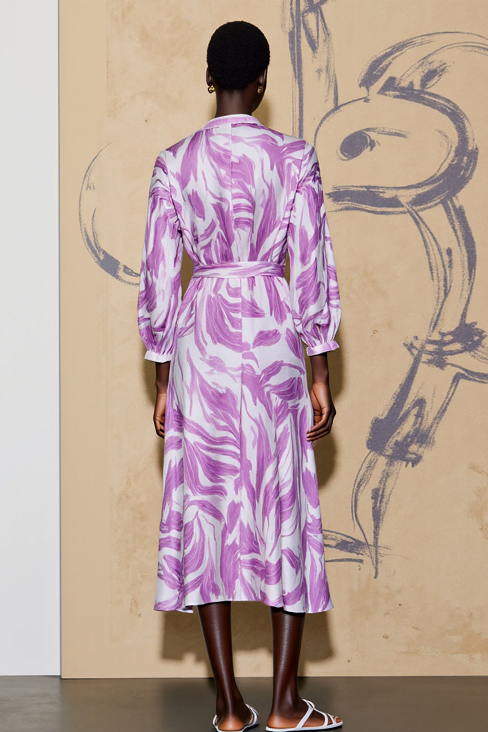 Long Sleeve Printed V Neck Purple Wedding Guest Dress With Sash