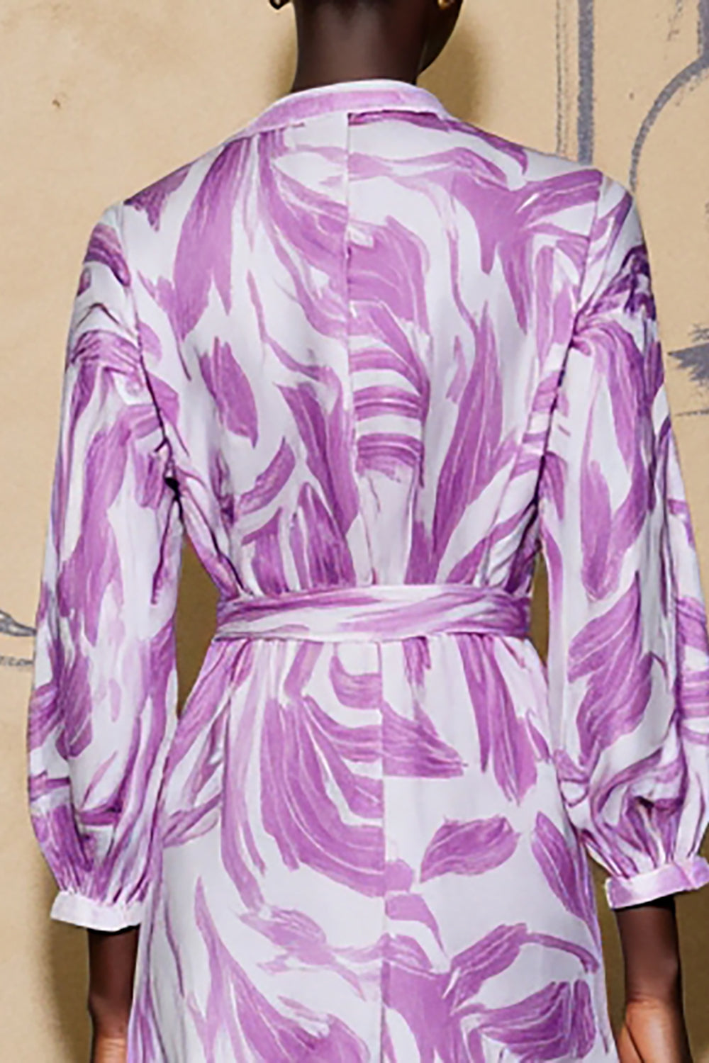 Long Sleeve Printed V Neck Purple Wedding Guest Dress With Sash