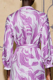 Long Sleeve Printed V Neck Purple Wedding Guest Dress With Sash