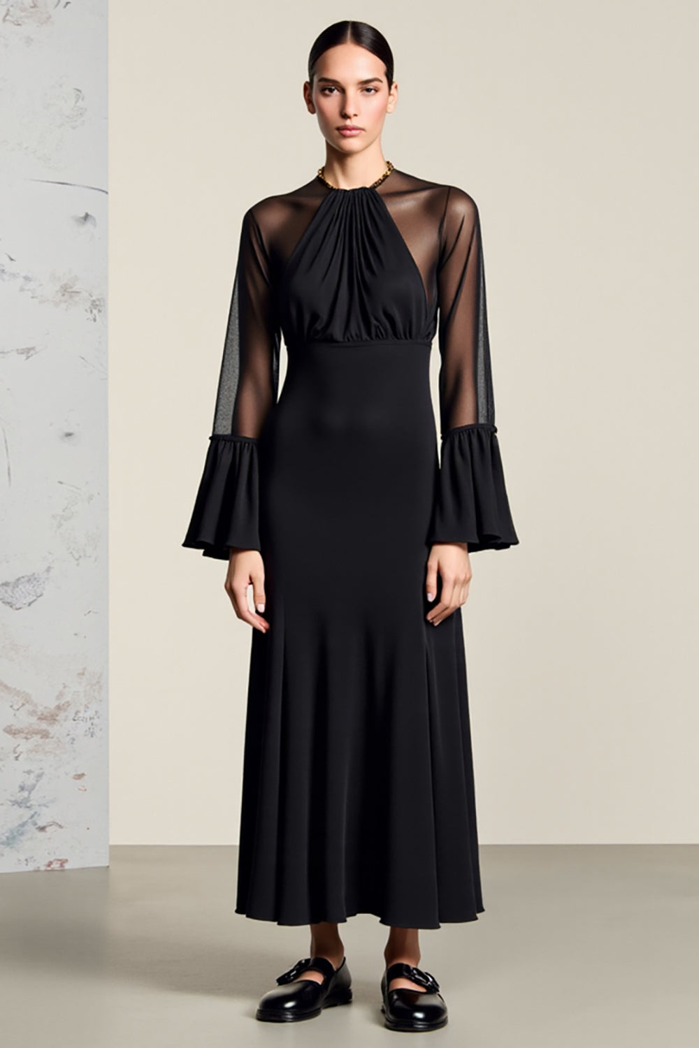 Long Sleeve Black A Line Wedding Guest Dress
