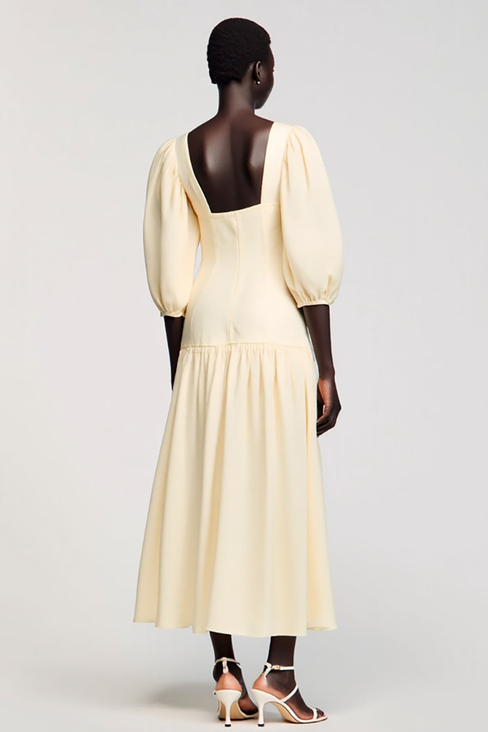 Apricot Square Neck Satin Midi Wedding Guest Dress with Sleeves