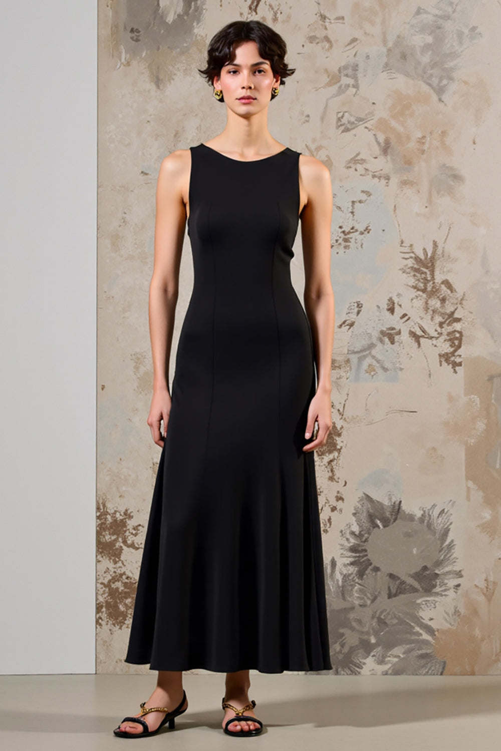 Simple Black Round Neck Satin Long Wedding Guest Dress