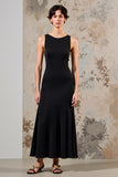 Simple Black Round Neck Satin Long Wedding Guest Dress
