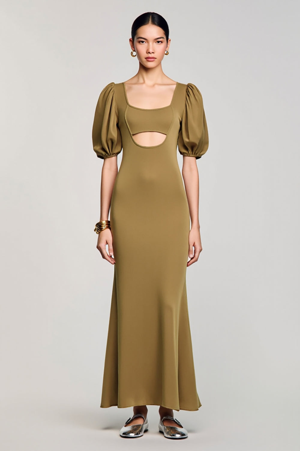 Olive Keyhole Square Neck Long Wedding Guest Dress with Puff Sleeves