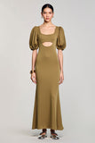 Olive Keyhole Square Neck Long Wedding Guest Dress with Puff Sleeves