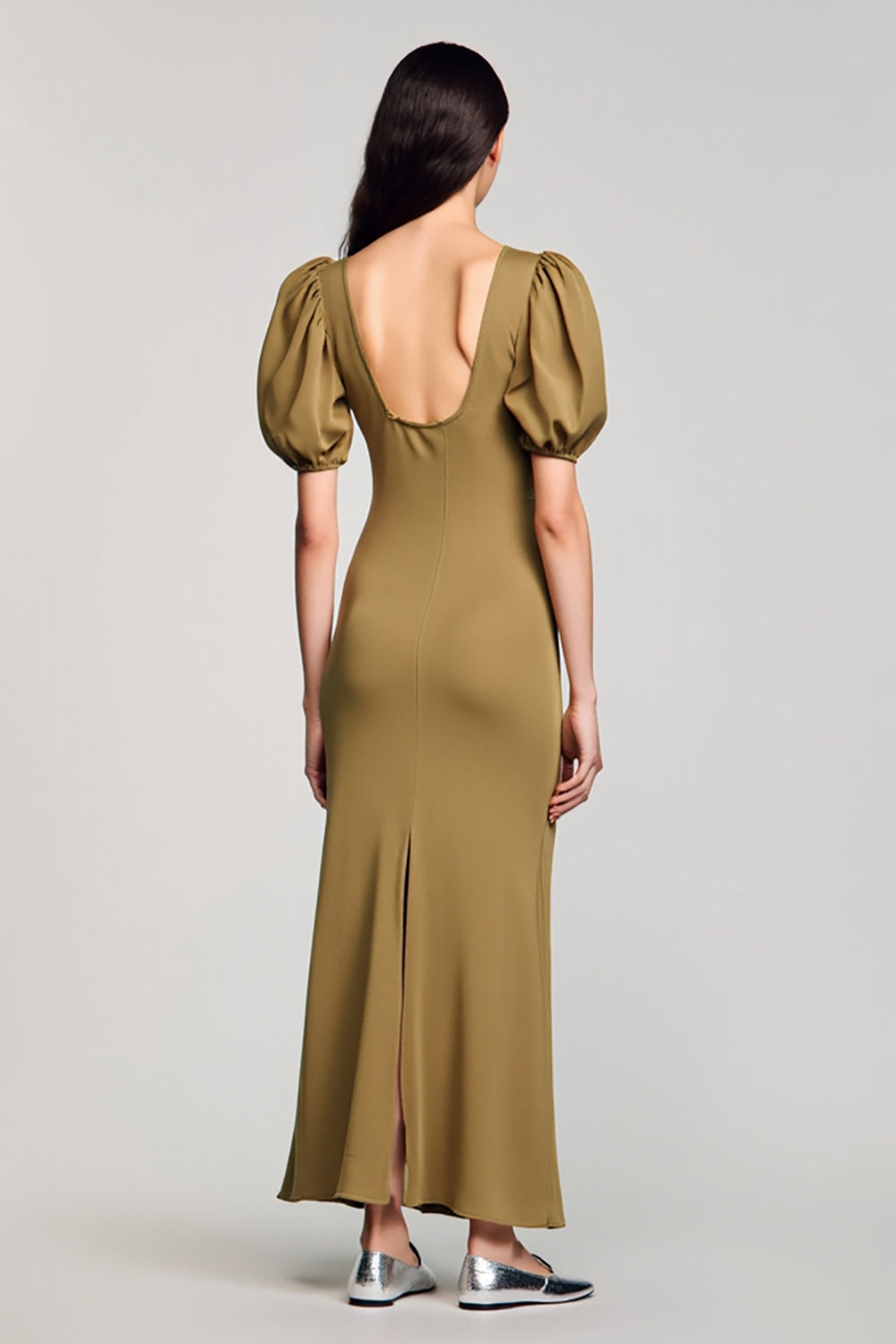 Olive Keyhole Square Neck Long Wedding Guest Dress with Puff Sleeves