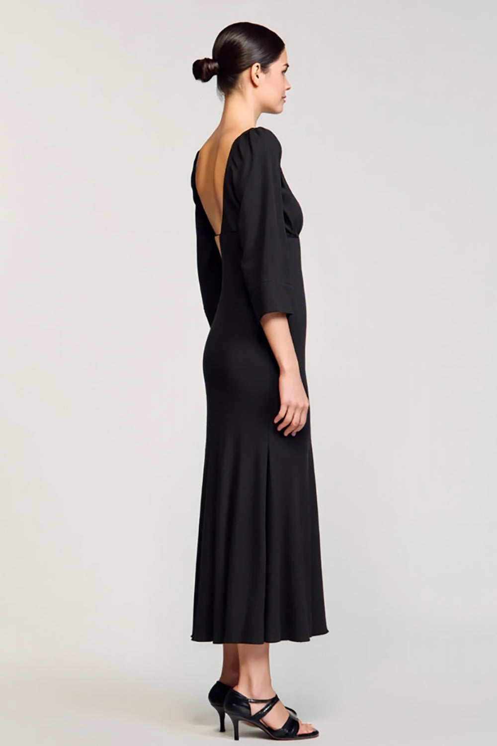 Black Satin Square Neck Long Wedding Guest Dress with 3/4 Sleeves