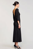 Black Satin Square Neck Long Wedding Guest Dress with 3/4 Sleeves