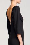 Black Satin Square Neck Long Wedding Guest Dress with 3/4 Sleeves