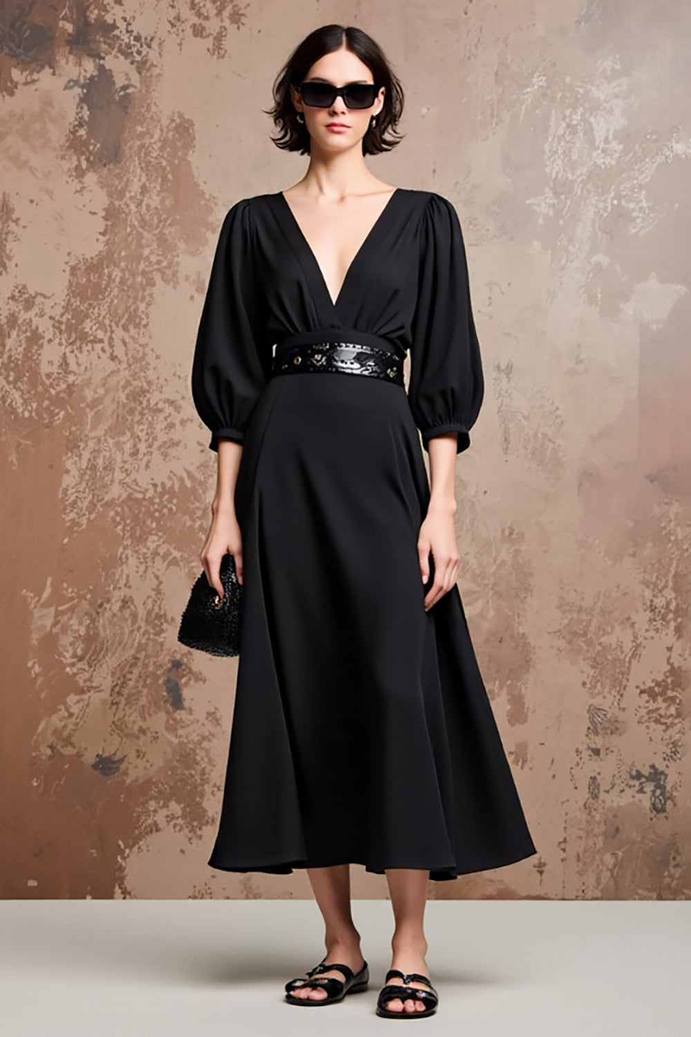 Black V-Neck A Line Midi Wedding Guest Dress with Half Sleeves