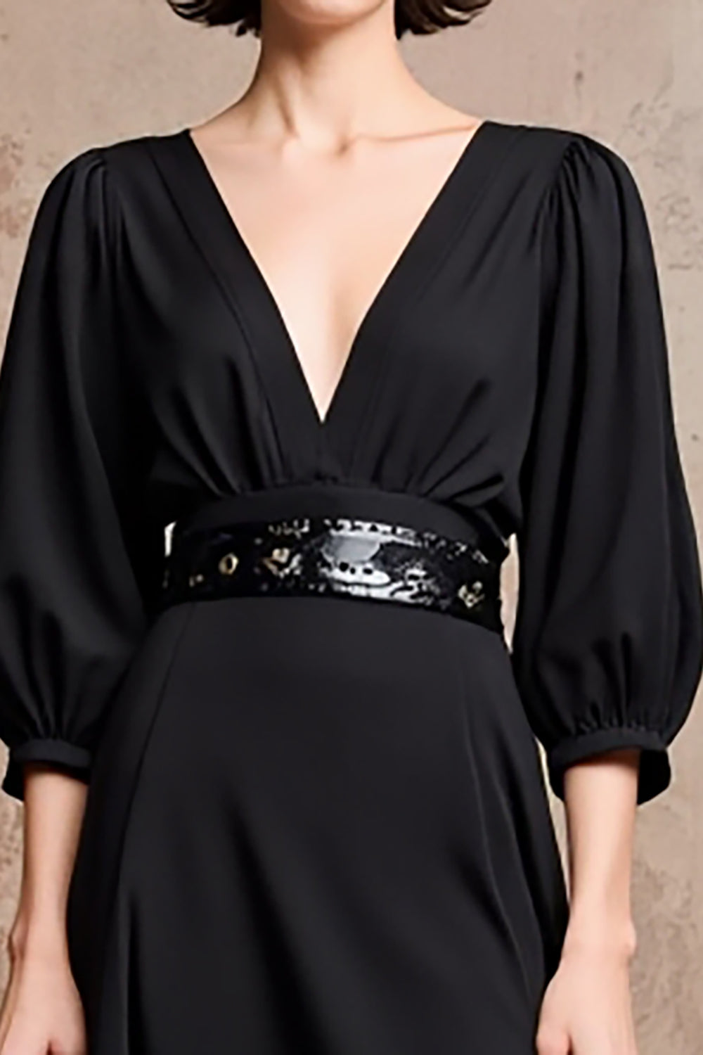 Black V-Neck A Line Midi Wedding Guest Dress with Half Sleeves