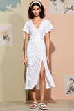 White Ruched V-Neck Midi Summer Dress with Slit