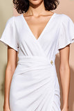 White Ruched V-Neck Midi Summer Dress with Slit