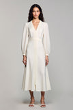 Ivory Satin A Line V-Neck Midi Formal Dress with Long Sleeves