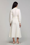 Ivory Satin A Line V-Neck Midi Formal Dress with Long Sleeves