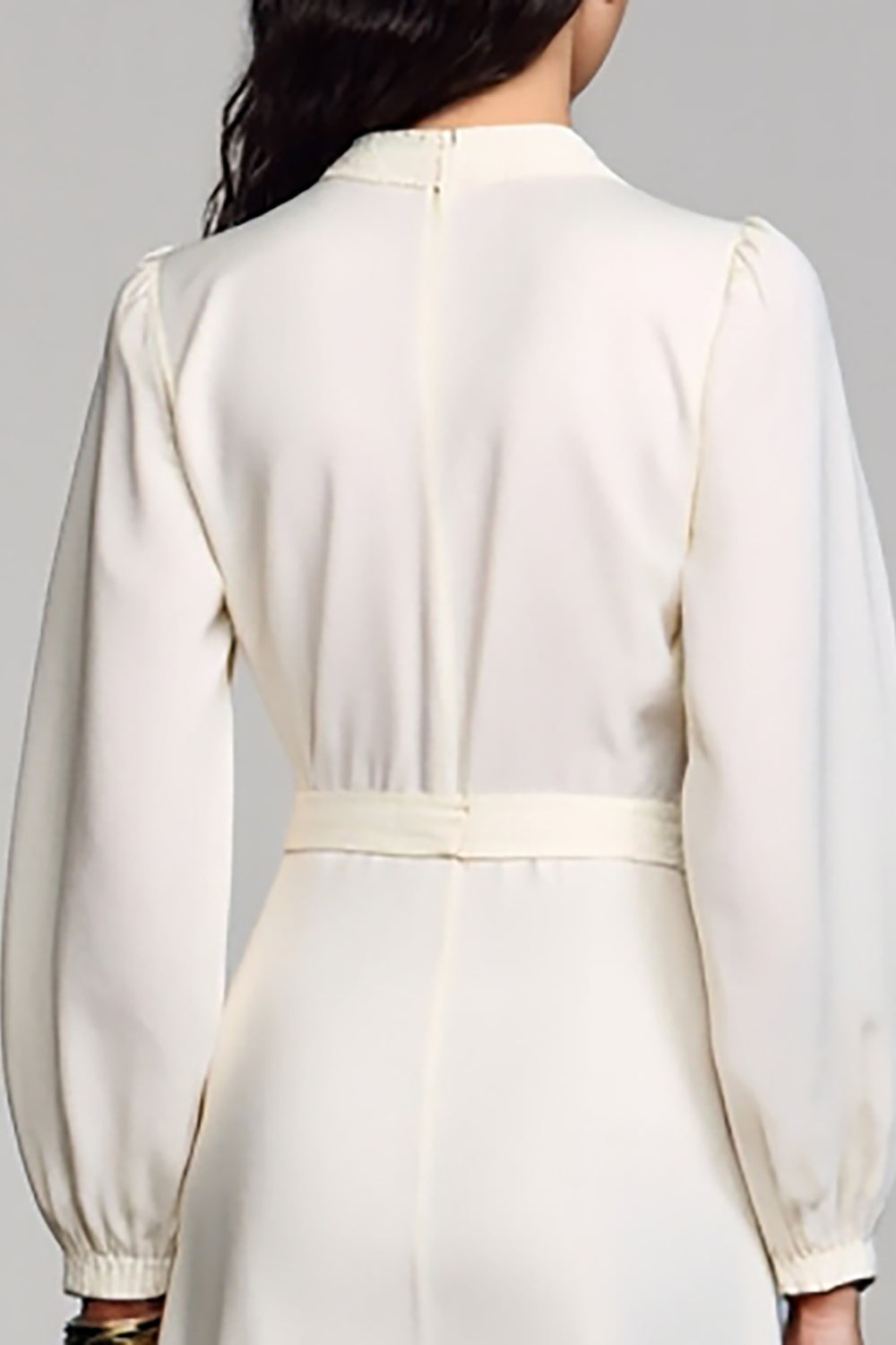 Ivory Satin A Line V-Neck Midi Formal Dress with Long Sleeves