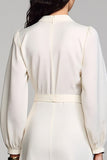 Ivory Satin A Line V-Neck Midi Formal Dress with Long Sleeves