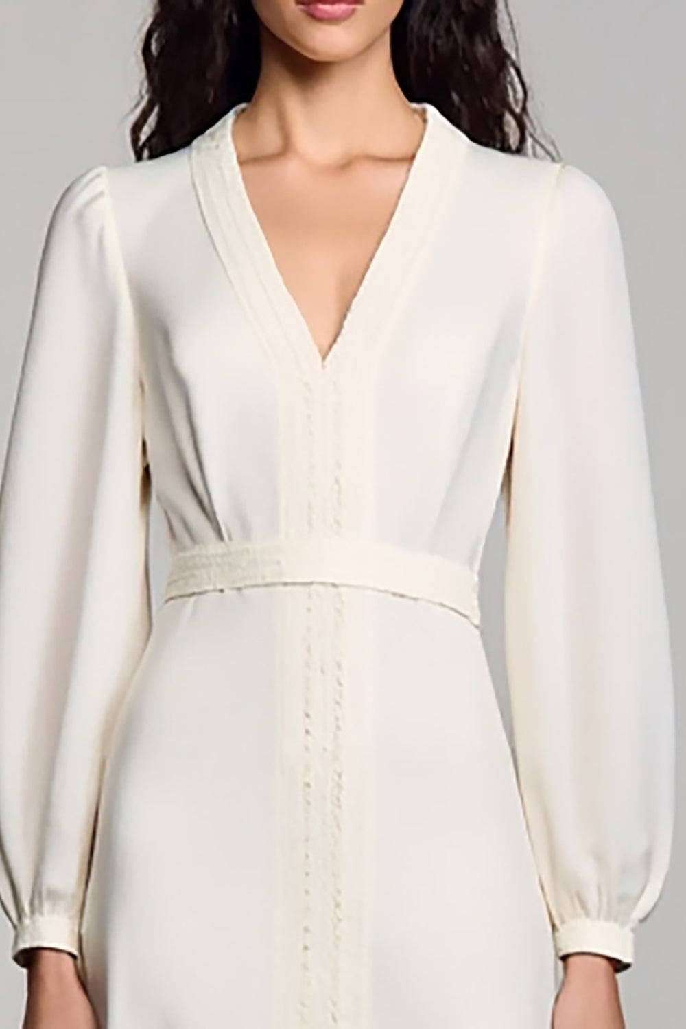 Ivory Satin A Line V-Neck Midi Formal Dress with Long Sleeves