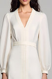 Ivory Satin A Line V-Neck Midi Formal Dress with Long Sleeves