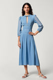 Blue A Line Keyhole Midi Bow Wedding Guest Dress with 3/4 Sleeves