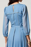 Blue A Line Keyhole Midi Bow Wedding Guest Dress with 3/4 Sleeves