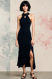 Black Halter Satin Backless Midi Wedding Guest Dress with Slit