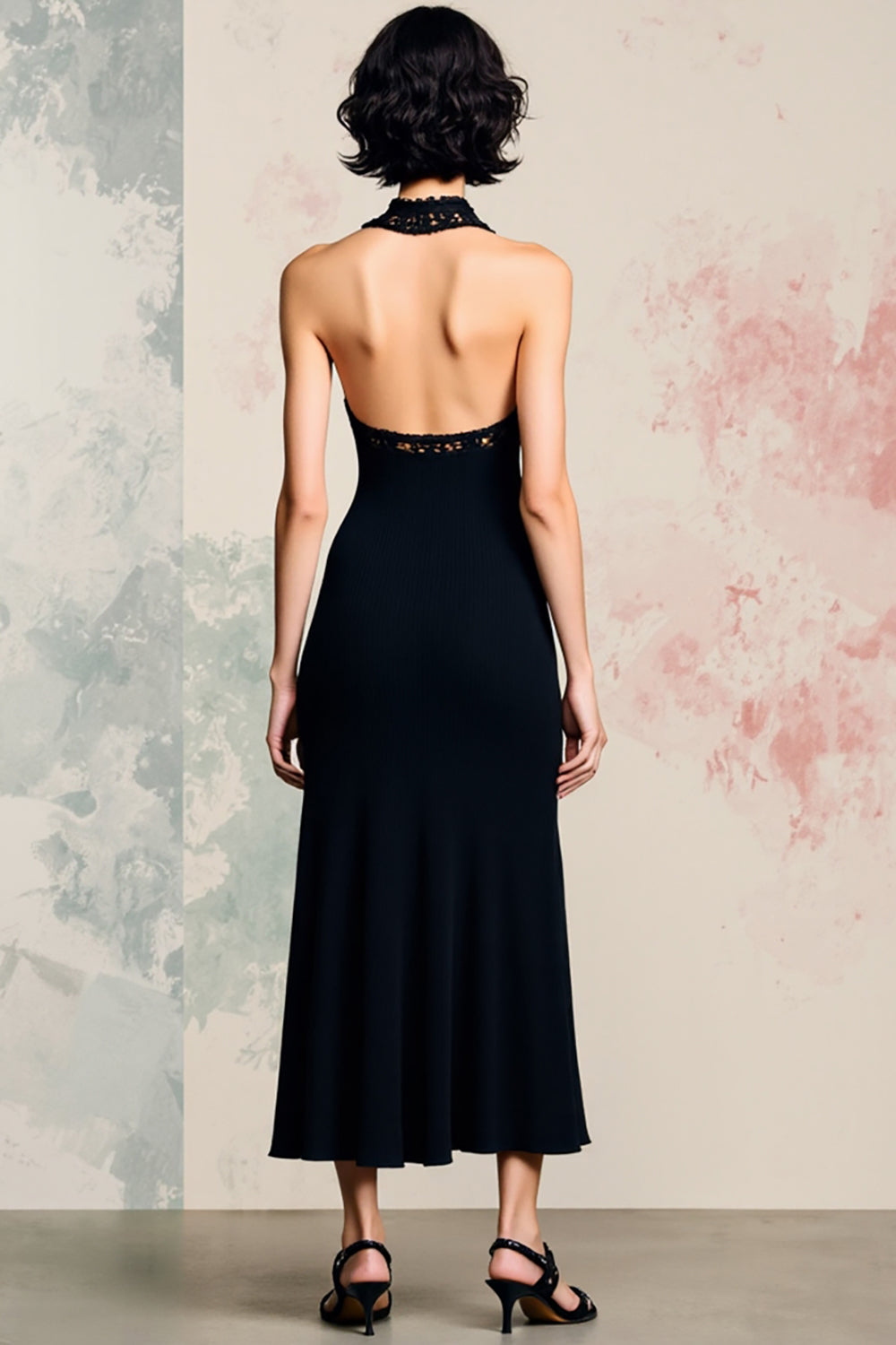 Black Halter Satin Backless Midi Wedding Guest Dress with Slit