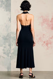 Black Halter Satin Backless Midi Wedding Guest Dress with Slit