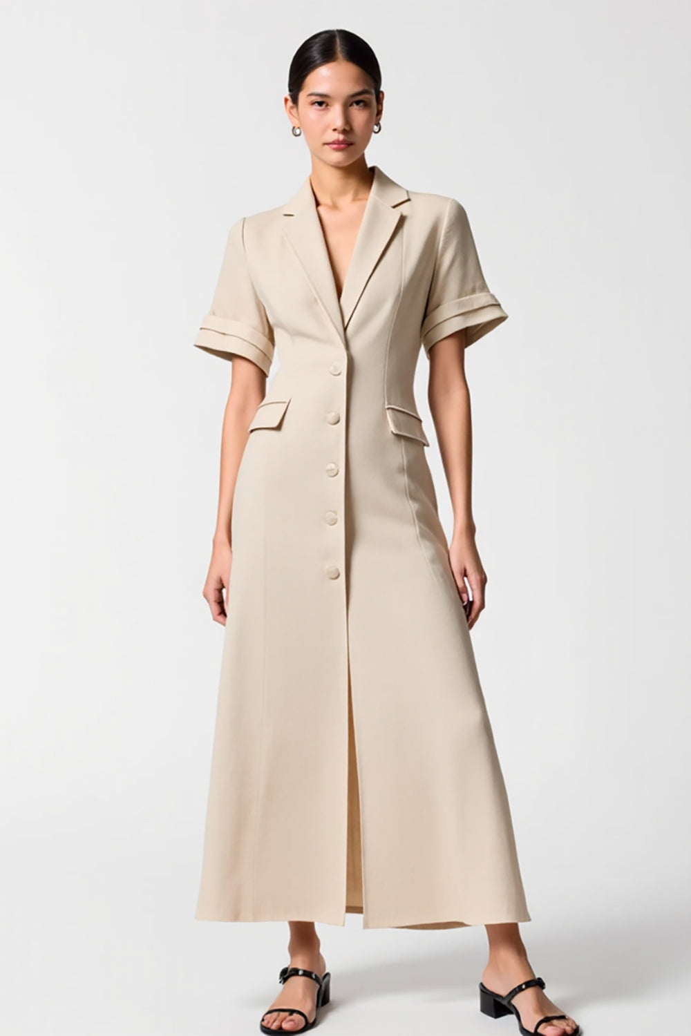Grey Shawl Lapel Buttons Long Work Dress with Pockets