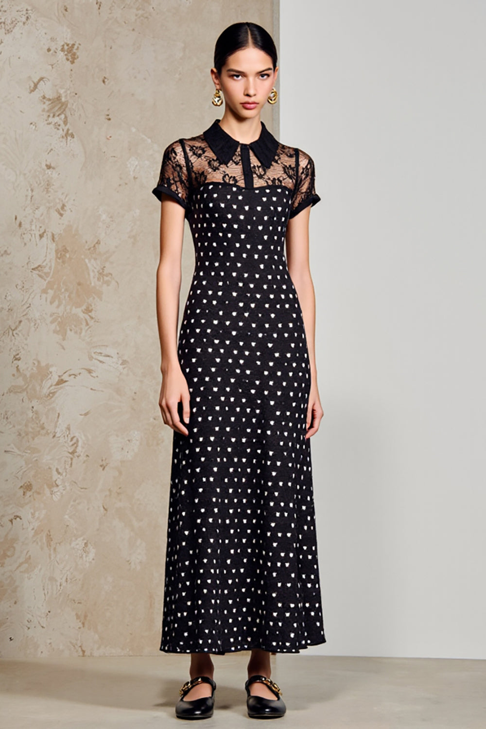 Black Sheath Long Polka Dot Dress with Short Sleeves