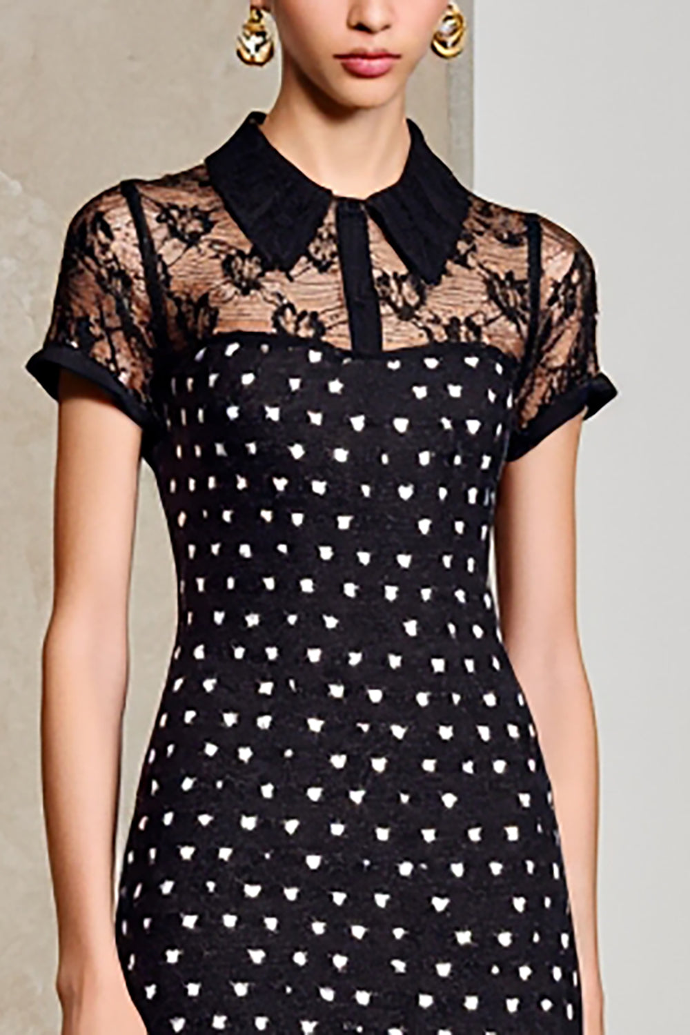 Black Sheath Long Polka Dot Dress with Short Sleeves